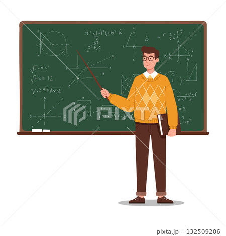 Male teacher explaining mathematical formulas on green chalkboard in classroom vector illustration 132509206