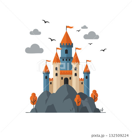Medieval castle with orange flags on rocky hill under cloudy sky vector illustration Medieval castle with orange flags on rocky hill under cloudy sky vector illustration 132509224