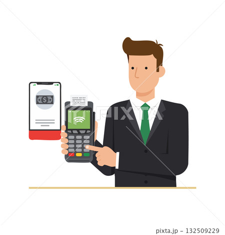 Businessman using contactless payment terminal with smartphone digital wallet vector illustration 132509229