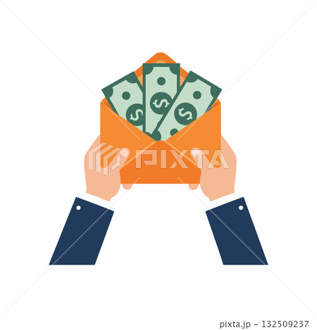 Hands Holding Orange Envelope with Dollar Bills Money Vector Illustration 132509237