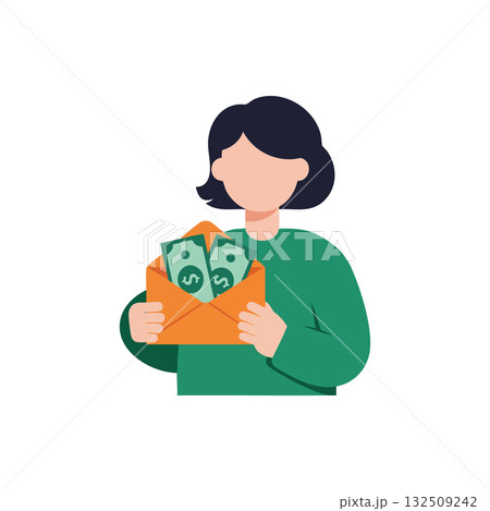 Woman Holding Envelope with Money Illustration for Finance or Payment Concepts Vector Woman Holding Envelope with Money Illustration for Finance or Payment Concepts Vector 132509242
