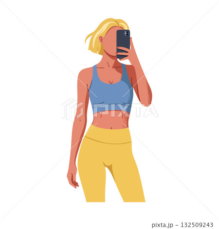 Woman in yellow pants and blue top taking selfie with smartphone vector illustration 132509243