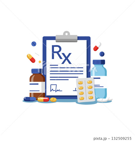 Medical prescription clipboard with pills bottles and capsules vector illustration 132509255