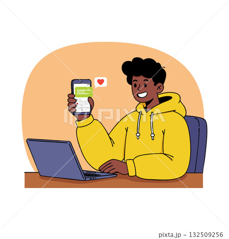 Young man using smartphone and laptop smiling with social media message notification vector illustration Young man using smartphone and laptop smiling with social media message notification vector illustration 132509256