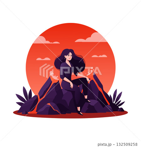 Woman Sitting on Dark Rocks with Red Sunset Background Vector Illustration Woman Sitting on Dark Rocks with Red Sunset Background Vector Illustration 132509258