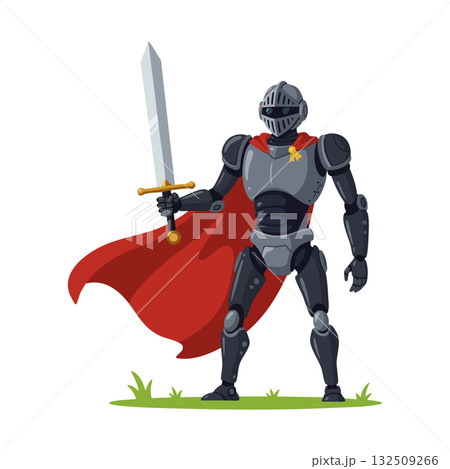 Medieval knight in black armor holding sword with red cape standing on grass vector illustration Medieval knight in black armor holding sword with red cape standing on grass vector illustration 132509266