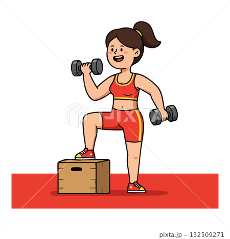 Woman Exercising with Dumbbells on Step Platform in Red Sportswear Fitness Training 132509271