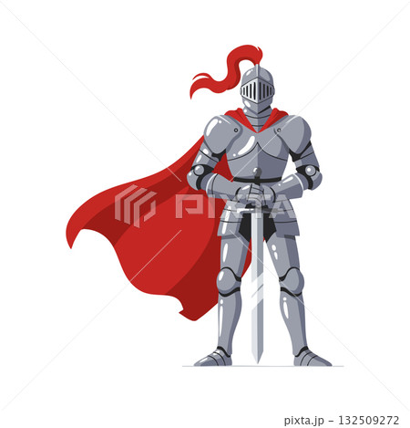 Medieval knight in shining armor with red cape and sword vector illustration 132509272