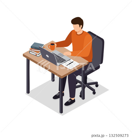 Man Working on Laptop Drinking Coffee at Desk with Books and Notebook Vector Illustration 132509273
