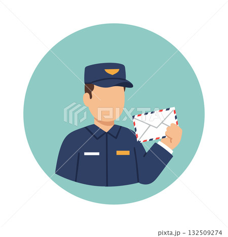 Mail carrier holding envelope vector illustration in uniform with cap and badge Mail carrier holding envelope vector illustration in uniform with cap and badge 132509274