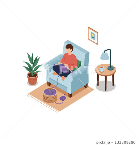 Person Relaxing on Blue Armchair Knitting Indoors with Plant and Table Lamp Vector Illustration Person Relaxing on Blue Armchair Knitting Indoors with Plant and Table Lamp Vector Illustration 132509280