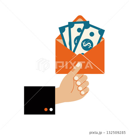 Hand holding orange envelope with money bills inside financial transaction concept vector illustration 132509285