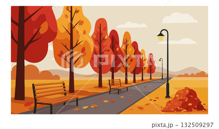 Autumn park pathway with orange and red foliage trees in landscape vector illustration Autumn park pathway with orange and red foliage trees in landscape vector illustration 132509297