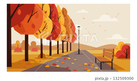 Autumn Park Scene with Colorful Trees and Fallen Leaves in Landscape Orientation Autumn Park Scene with Colorful Trees and Fallen Leaves in Landscape Orientation 132509300