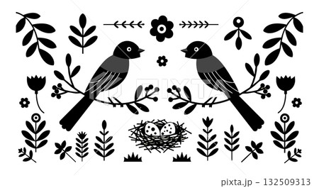 Two birds with floral elements and nest vector illustration in black and white 132509313