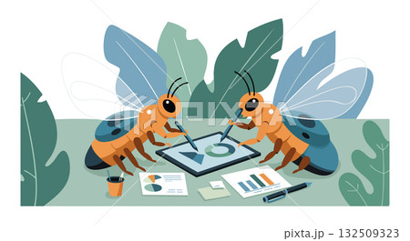Two bees collaborating on tablet with documents and pen in green office setting vector 132509323