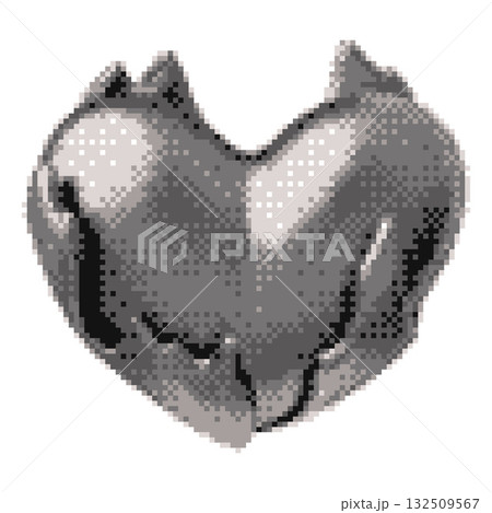 3D glossy chrome heart in fire vector pixel art, retro Y2K silver heart in burning flame melted metal, romantic emoji 132509567