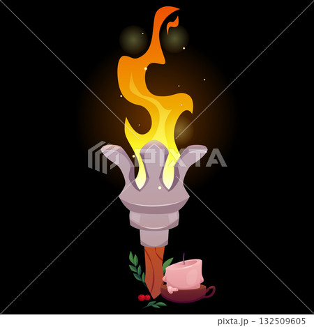 Medieval torch with burning fire, candle and berries, vector cartoon fairy game ancient flambeau fire on wooden stick Medieval torch with burning fire, candle and berries, vector cartoon fairy game ancient flambeau fire on wooden stick 132509605