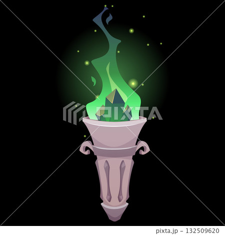 Magic wand with green crystal gem stones and fire flame, vector cartoon fantasy game ancient flambeau fire stone stick 132509620