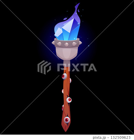 Magic wand with blue crystal and fire flame, vector cartoon fantasy game torch with wooden stick with eyes, gem stones 132509623