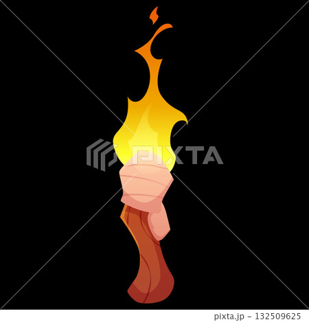 Medieval wooden torch with burning fire, vector cartoon ancient handle or wall flambeau fire on wood stick with fuel rag 132509625