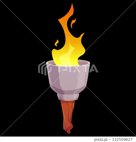 Medieval torch with burning fire, cartoon vector game ancient handle flambeau fire stone and wooden stick, torchlight Medieval torch with burning fire, cartoon vector game ancient handle flambeau fire stone and wooden stick, torchlight 132509627