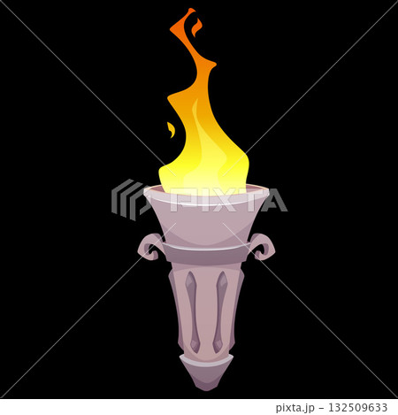 Medieval burning torch flame, vector cartoon ancient flambeau fire stone stick, Greek marble torchlight cup for game Medieval burning torch flame, vector cartoon ancient flambeau fire stone stick, Greek marble torchlight cup for game 132509633