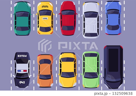 Road transport types top view on the parking, urban civilian and van vehicles, Police and Taxi cars, vector automobile 132509638