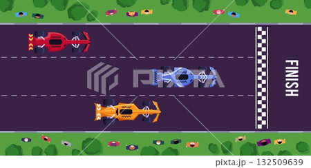 Racing sport super cars finish on track top view vector set, F1 racing bolid vehicle, cartoon speed extreme transport Racing sport super cars finish on track top view vector set, F1 racing bolid vehicle, cartoon speed extreme transport 132509639