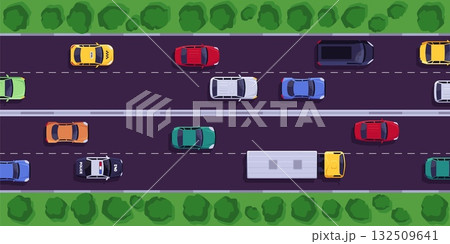 Asphalt road with dividing lines top view, highway with cars, van, truck from above, vector four-lane traffic road above Asphalt road with dividing lines top view, highway with cars, van, truck from above, vector four-lane traffic road above 132509641