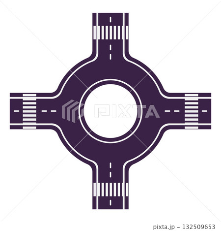 Road circle intersection top view, vector flat empty highway asphalt road with dividing lines, pedestrian crossings Road circle intersection top view, vector flat empty highway asphalt road with dividing lines, pedestrian crossings 132509653