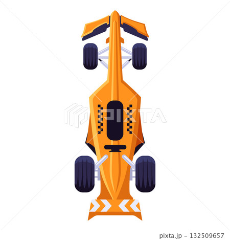 Orange racing sport super car top view, vector F1 racing bolid vehicle with checkered pattern, speed extreme transport Orange racing sport super car top view, vector F1 racing bolid vehicle with checkered pattern, speed extreme transport 132509657