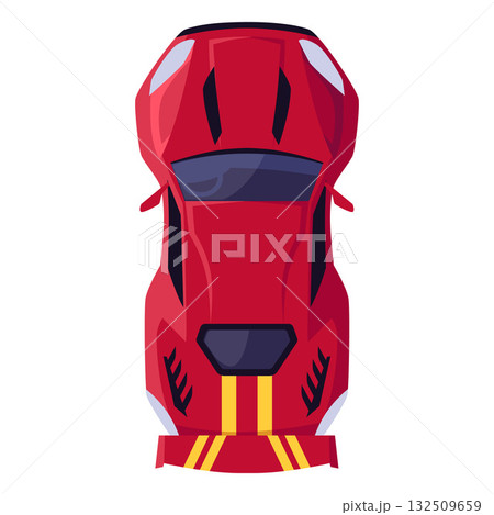Red super car with yellow stripes on the wing top view, racing sport vehicle, vector drift automobile, extreme transport 132509659