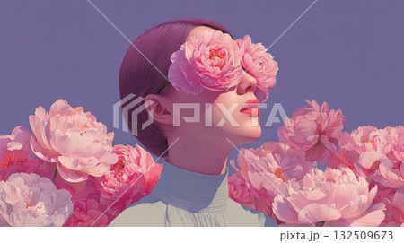 Surreal Portrait Of A Woman With Pink Flowers Over Eyes Among Soft Pink Petals Surreal Portrait Of A Woman With Pink Flowers Over Eyes Among Soft Pink Petals 132509673