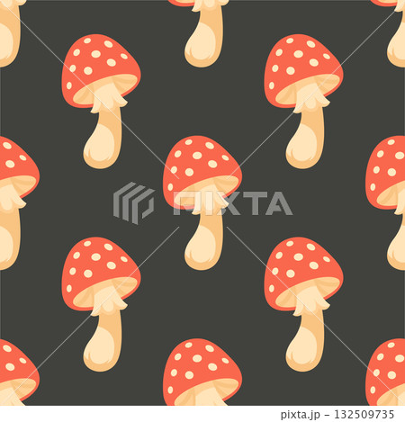 Amanita Mushroom Vector Seamless Pattern. Cartoon Red Amanita Mushroom on Black Background. Forest Background. Poisonous Mushroom Fabric. Amanita Nature Decor, Woodland Print Design Amanita Mushroom Vector Seamless Pattern. Cartoon Red Amanita Mushroom on Black Background. Forest Background. Poisonous Mushroom Fabric. Amanita Nature Decor, Woodland Print Design 132509735
