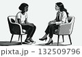 A therapist and a distressed young woman are seated and talking in a counseling session, illustrated in a monochrome hand-drawn style on a plain backdrop 132509796