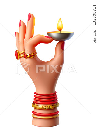 3d cartoon hand holding traditional lit diya for diwali, symbolizing the festival of lights, hope, purity and the victory of good over evil 132509811