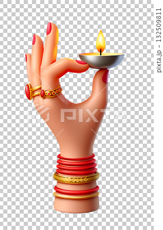 3d cartoon hand holding traditional lit diya for diwali, symbolizing the festival of lights, hope, purity and the victory of good over evil 132509811