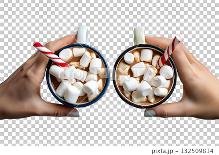 Mugs of hot chocolate topped with marshmallows and candy canes, isolated for a festive holiday or cold weather concept 132509814