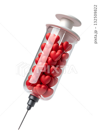 3d medical syringe filled with red hearts instead of medicine, symbolizing love, healing and vaccination concept, isolated on a transparent background 132509822