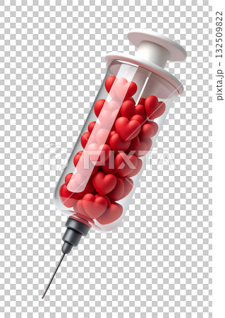 3d medical syringe filled with red hearts instead of medicine, symbolizing love, healing and vaccination concept, isolated on a transparent background 132509822