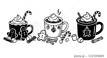 Three festive mugs with whipped cream, candy canes, gingerbread cookies, cinnamon sticks, and marshmallows in hand-drawn style on white background Three festive mugs with whipped cream, candy canes, gingerbread cookies, cinnamon sticks, and marshmallows in hand-drawn style on white background 132509865