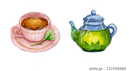 Watercolor illustration of a teapot with green tea and a pink teacup 132509888