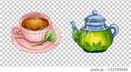 Watercolor illustration of a teapot with green tea and a pink teacup Watercolor illustration of a teapot with green tea and a pink teacup 132509888