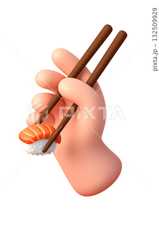 Cute 3d rendered hand using chopsticks to hold piece of sushi nigiri with fish slice on top, isolated on transparent background 132509929