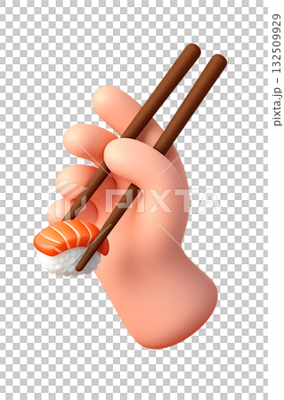 Cute 3d rendered hand using chopsticks to hold piece of sushi nigiri with fish slice on top, isolated on transparent background 132509929