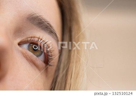 Close-up of a woman's eye after eyelash lamination procedure. Close-up of a woman's eye after eyelash lamination procedure. 132510124
