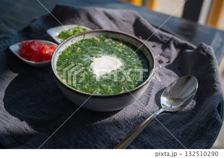 Traditional Russian lunch in a cafe. Top view of okroshka.  132510290