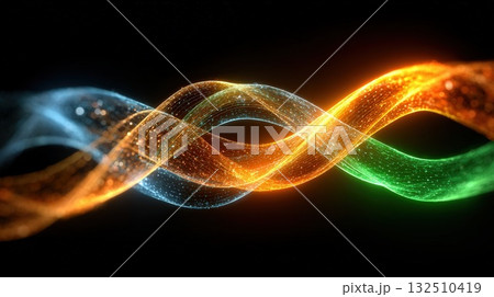 Vibrant Intertwined Light Waves in Blue, Orange, and Green on Dark Background Vibrant Intertwined Light Waves in Blue, Orange, and Green on Dark Background 132510419