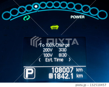 Electronic dashboard of an electric car. Battery charge level.  132510457